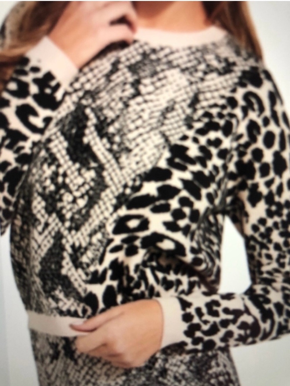Guess Women's Tamelia Animal Print Crop Sweater Off White and Black. Size Small
